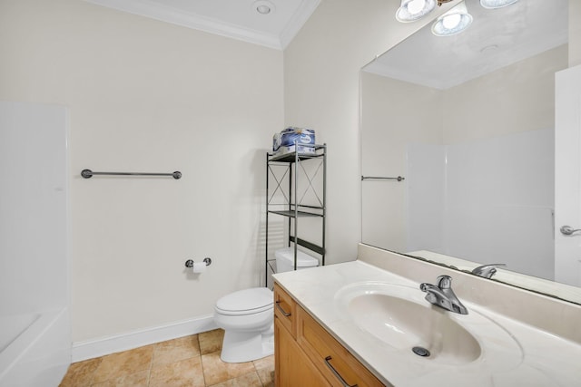 bathroom featuring ornamental molding, a tub, vanity, and toilet