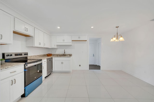 kitchen featuring sink, light stone counters, pendant lighting, stainless steel appliances, and white cabinets