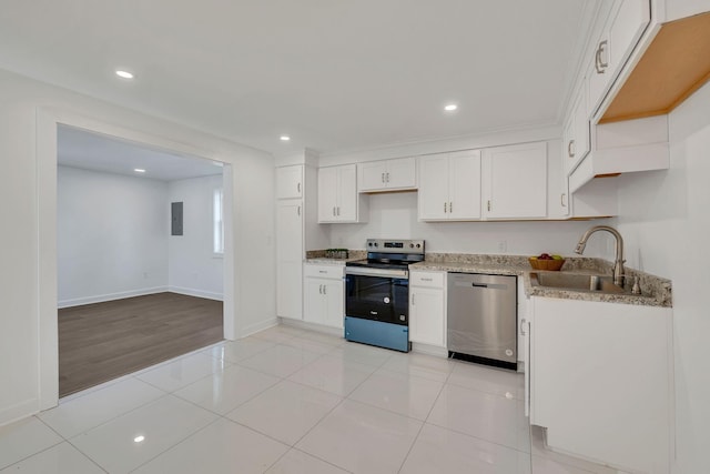 kitchen with appliances with stainless steel finishes, electric panel, sink, and white cabinets