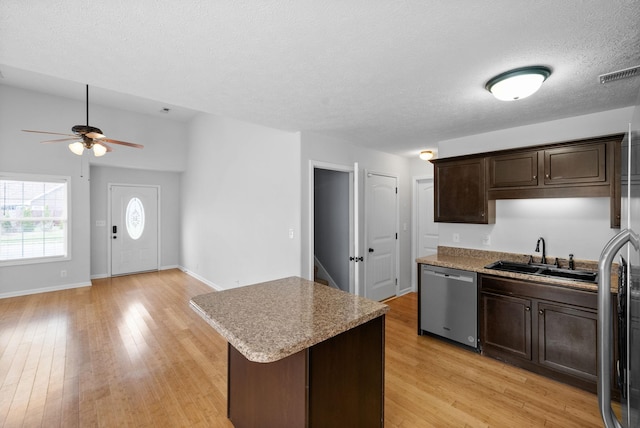 kitchen featuring a sink, visible vents, a center island, dishwasher, and light wood finished floors