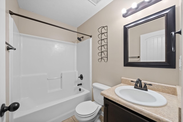 bathroom featuring visible vents, toilet, tile patterned floors, bathtub / shower combination, and vanity