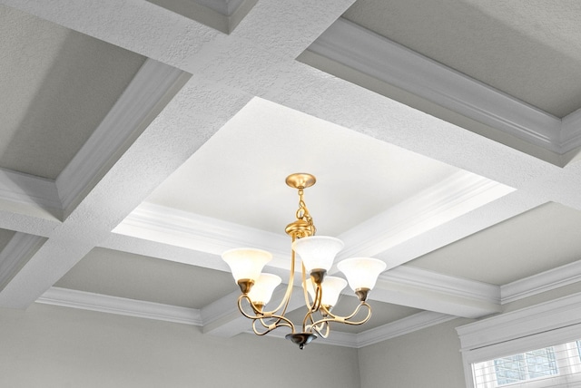 room details featuring crown molding, coffered ceiling, a chandelier, and beamed ceiling