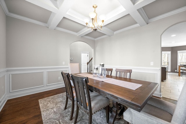 dining space with an inviting chandelier, beam ceiling, coffered ceiling, and dark hardwood / wood-style floors