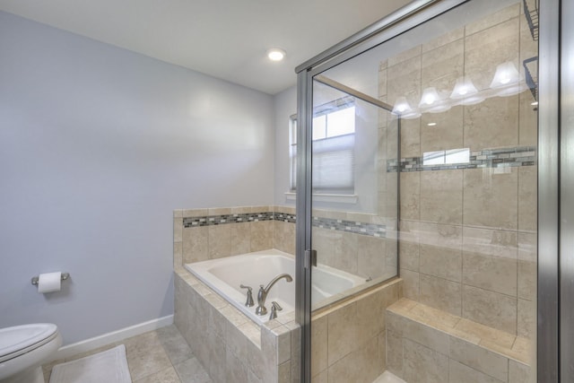 bathroom with toilet, separate shower and tub, and tile patterned flooring