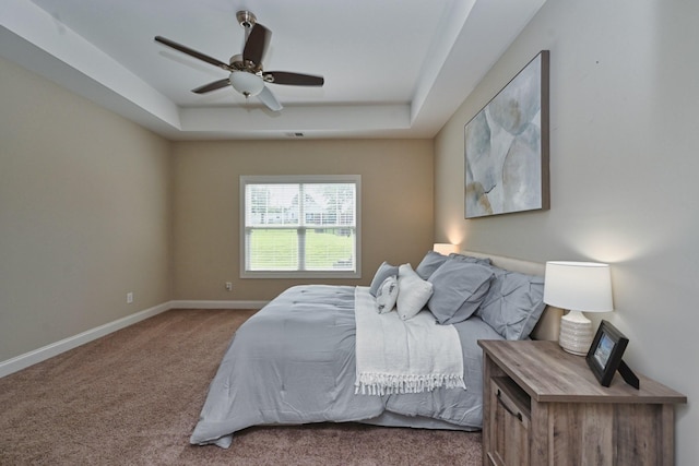 bedroom featuring a raised ceiling, ceiling fan, and carpet