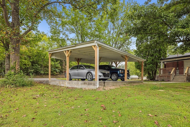 view of parking / parking lot with a carport and a lawn