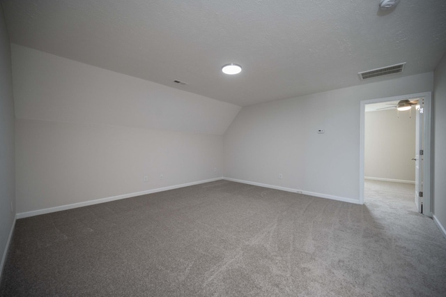 additional living space with vaulted ceiling, a textured ceiling, and carpet flooring