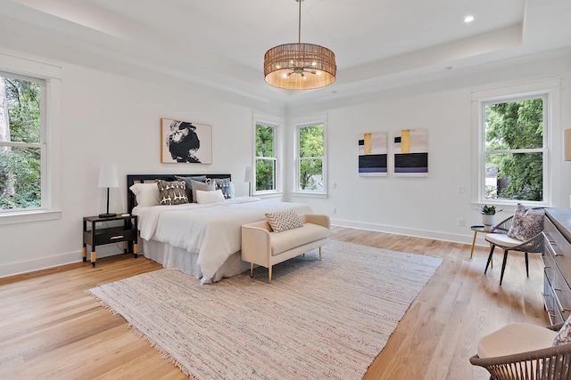 bedroom with multiple windows and a tray ceiling