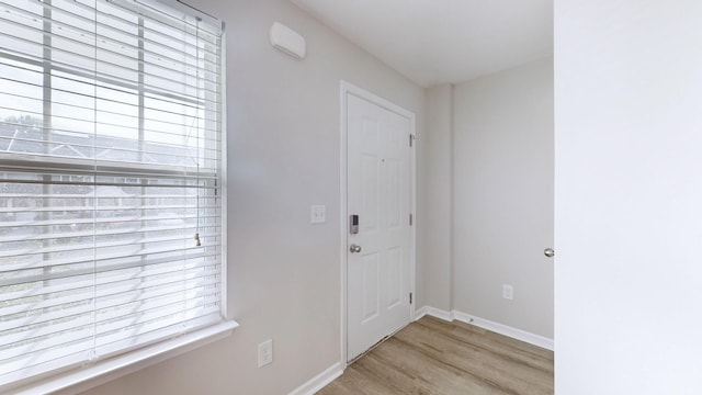 foyer entrance with a healthy amount of sunlight and light hardwood / wood-style floors