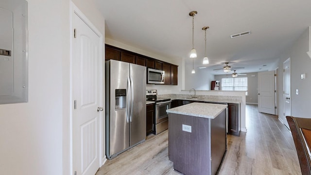 kitchen with sink, appliances with stainless steel finishes, a center island, decorative light fixtures, and kitchen peninsula