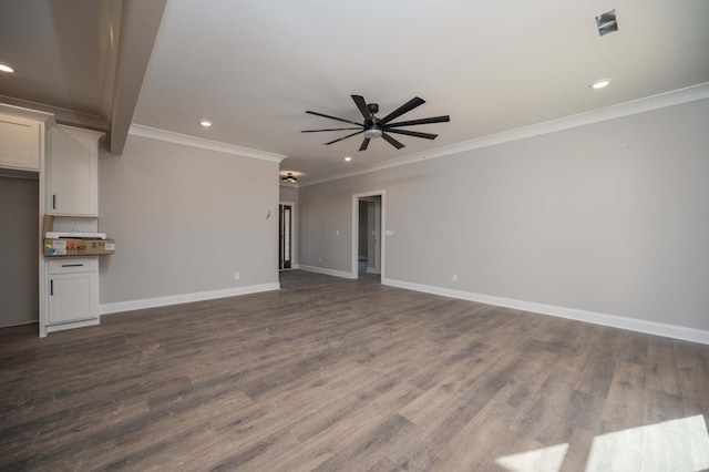 unfurnished living room featuring crown molding, wood-type flooring, and ceiling fan