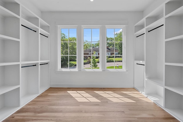 spacious closet featuring a barn door and light hardwood / wood-style floors