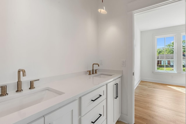 bathroom with vanity and hardwood / wood-style flooring