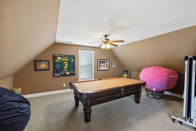 recreation room featuring carpet, lofted ceiling, ceiling fan, and billiards