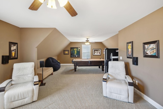 playroom featuring ceiling fan, billiards, carpet flooring, and vaulted ceiling