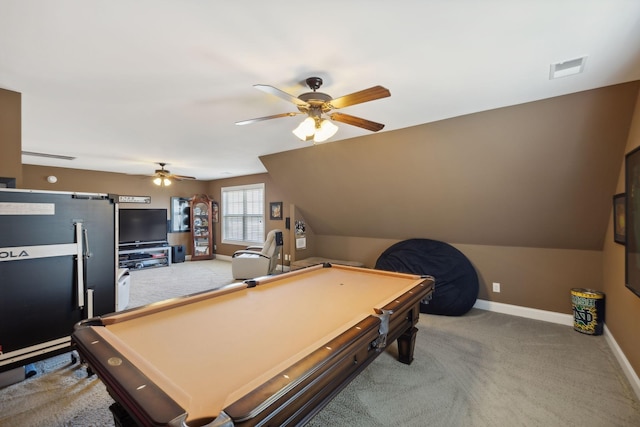 playroom with lofted ceiling, pool table, light colored carpet, and ceiling fan