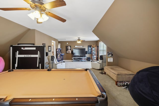 playroom with vaulted ceiling, carpet flooring, and billiards