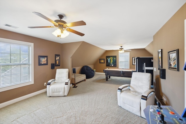 sitting room featuring lofted ceiling, carpet floors, and ceiling fan