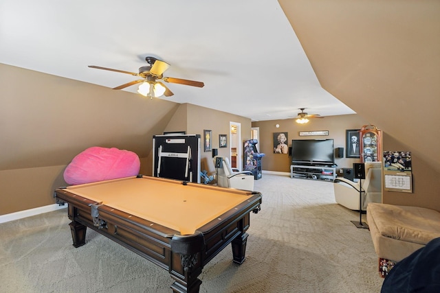 recreation room featuring lofted ceiling, pool table, carpet floors, and ceiling fan