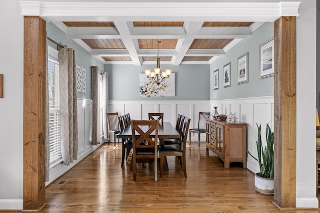 dining space featuring coffered ceiling, crown molding, a notable chandelier, beam ceiling, and hardwood / wood-style floors