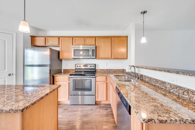 kitchen featuring sink, light hardwood / wood-style flooring, appliances with stainless steel finishes, light stone counters, and decorative light fixtures