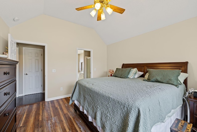 bedroom featuring lofted ceiling, dark wood-type flooring, and ceiling fan