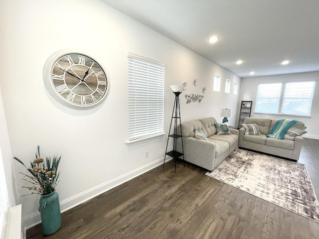 living room featuring dark wood-type flooring