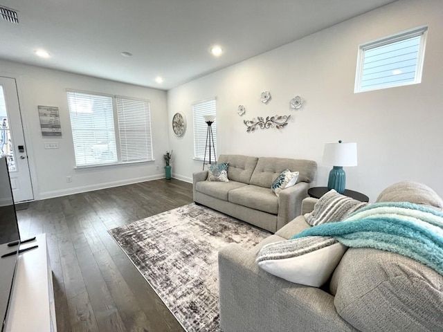 living room with dark wood-type flooring