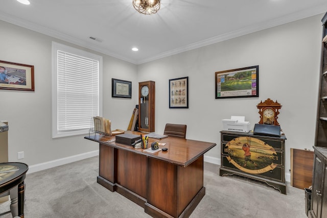 carpeted office featuring crown molding