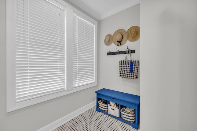 mudroom featuring crown molding