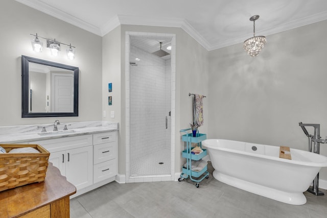 bathroom with tile patterned floors, ornamental molding, shower with separate bathtub, and vanity