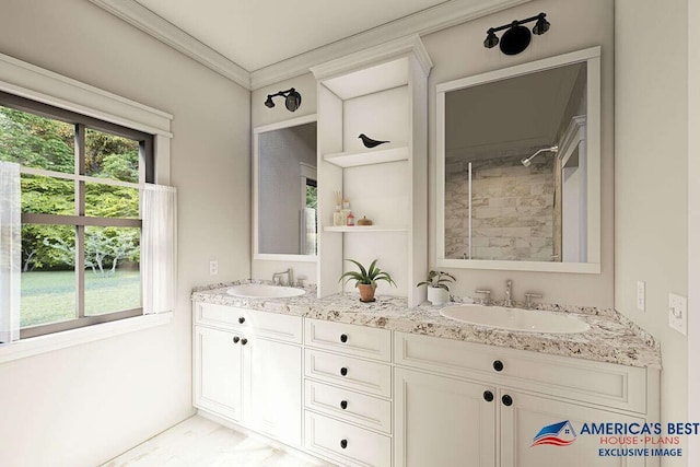 bathroom with vanity, a shower, and crown molding