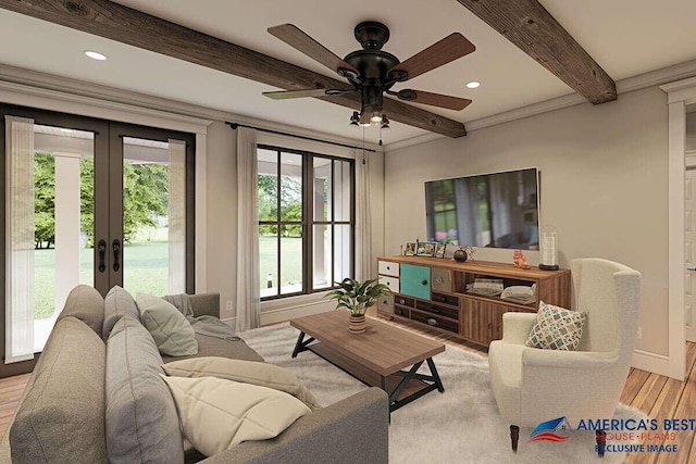 living room featuring french doors, beam ceiling, and light hardwood / wood-style floors