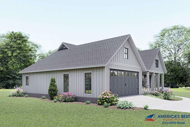 modern inspired farmhouse with a garage and a front yard