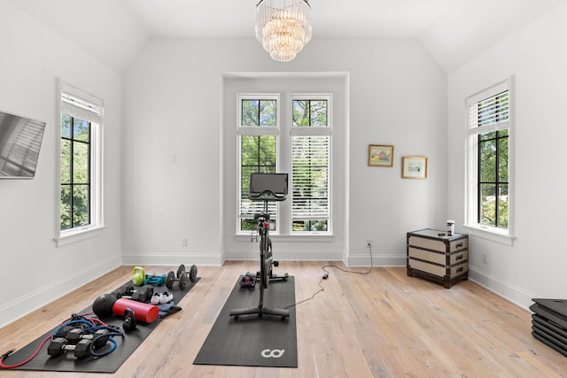 workout room with vaulted ceiling, plenty of natural light, and light hardwood / wood-style floors