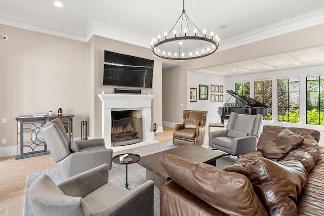 living room featuring ornamental molding and light hardwood / wood-style flooring