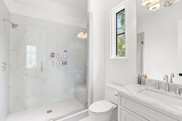 bathroom with vanity, an enclosed shower, and toilet