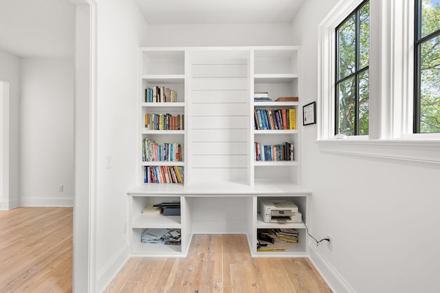 interior space with built in shelves, light hardwood / wood-style floors, and a healthy amount of sunlight