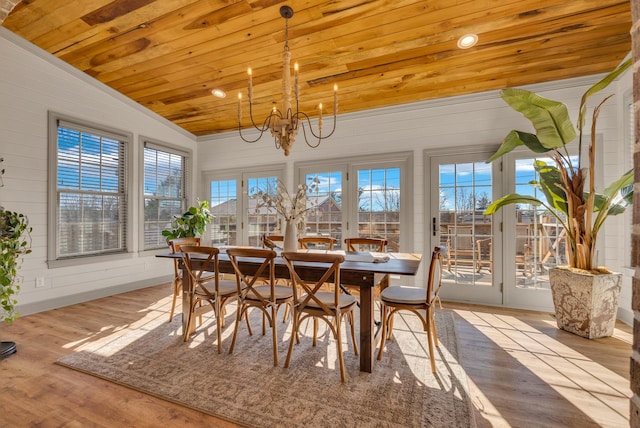 sunroom featuring a notable chandelier, a wealth of natural light, vaulted ceiling, and wooden ceiling