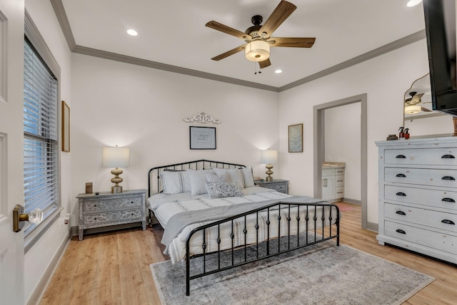 bedroom featuring ornamental molding, ceiling fan, and light hardwood / wood-style flooring