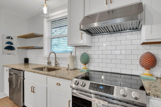 kitchen featuring ventilation hood, sink, white cabinets, and stainless steel appliances