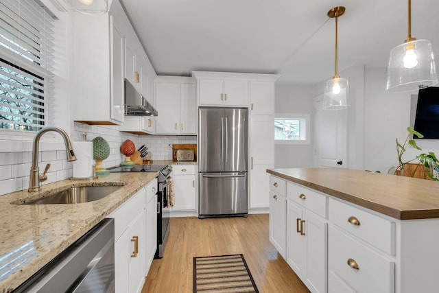 kitchen featuring extractor fan, sink, white cabinets, backsplash, and stainless steel appliances