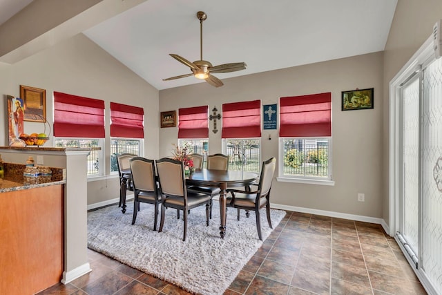 dining space with lofted ceiling, plenty of natural light, and ceiling fan