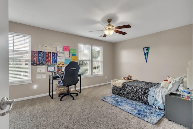 bedroom featuring carpet and ceiling fan