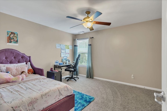 carpeted bedroom with ceiling fan