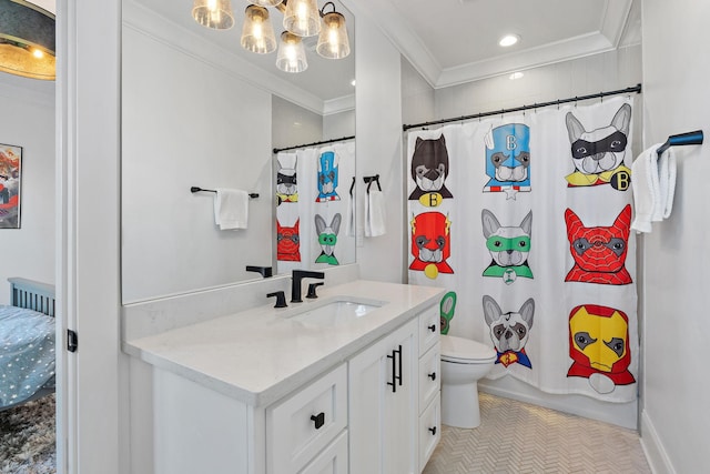 full bathroom featuring vanity, ornamental molding, shower / bath combination with curtain, and toilet