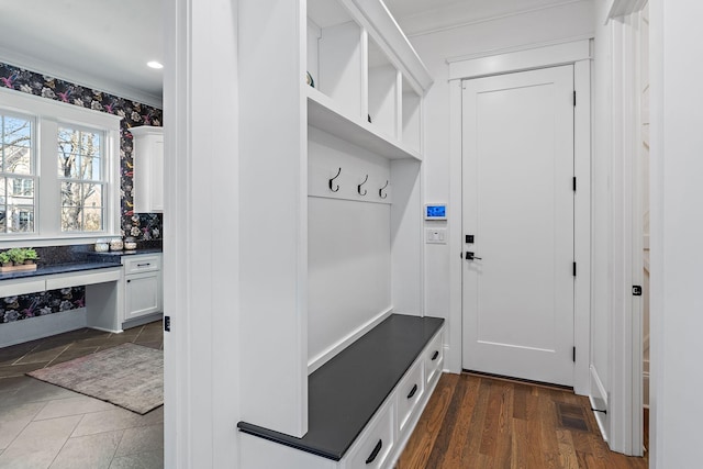 mudroom featuring dark hardwood / wood-style floors