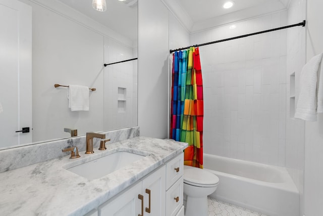 full bathroom featuring vanity, ornamental molding, shower / bath combo, and toilet