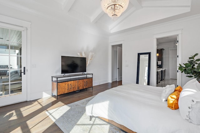 bedroom featuring dark wood-type flooring, vaulted ceiling with beams, and a notable chandelier