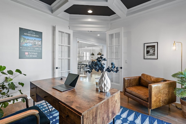 office area featuring coffered ceiling, beam ceiling, ornamental molding, and dark hardwood / wood-style floors